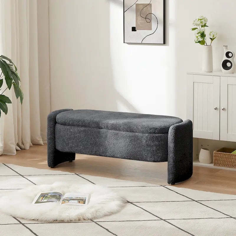 Lamb Fleece Storage Ottoman Bench with Arc Sides & Hidden Storage — 5 Colors