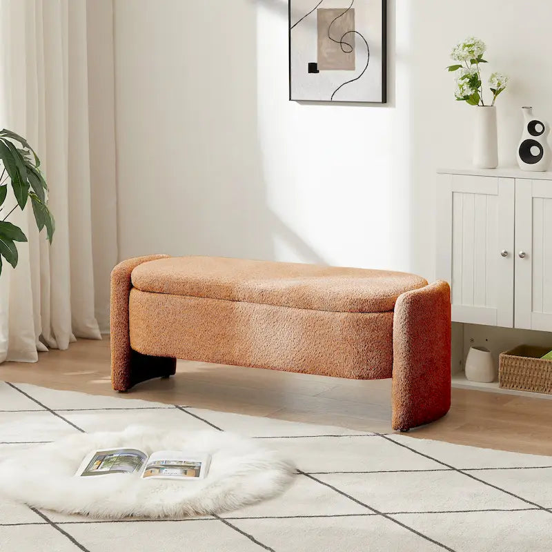 Lamb Fleece Storage Ottoman Bench with Arc Sides & Hidden Storage — 5 Colors