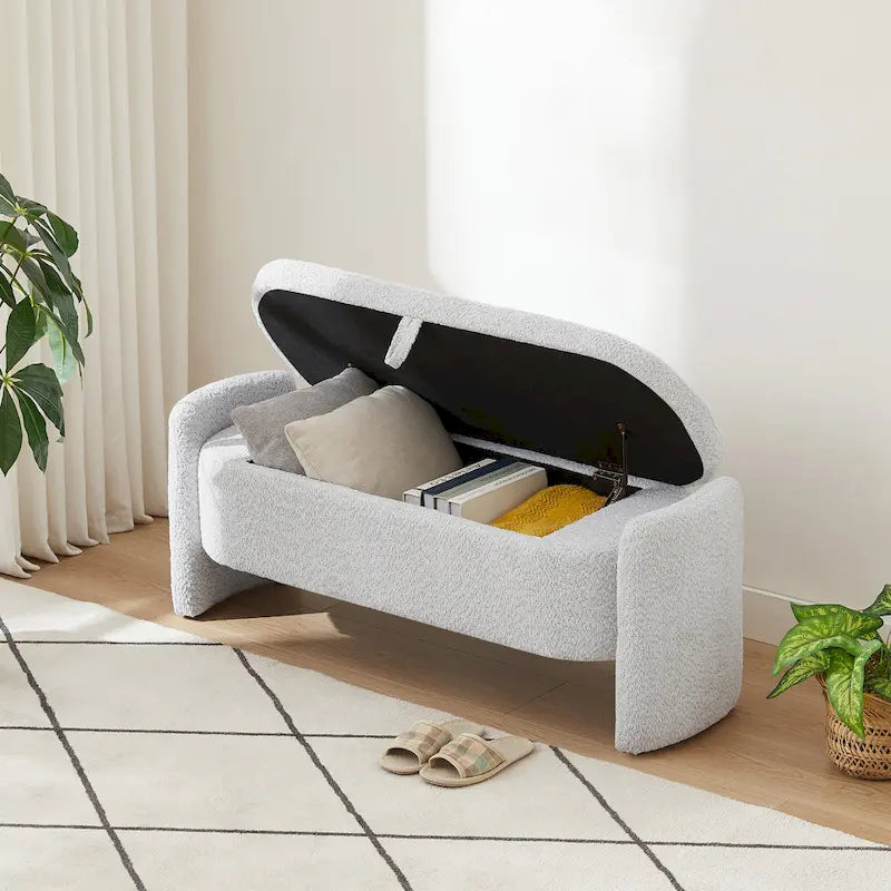 Lamb Fleece Storage Ottoman Bench with Arc Sides & Hidden Storage — 5 Colors