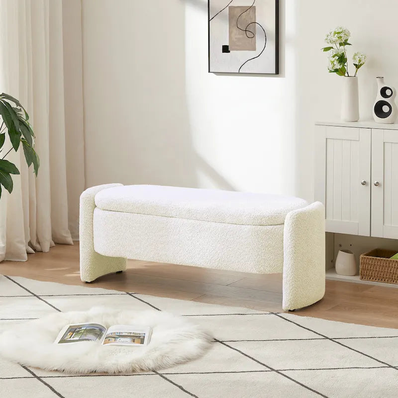 Lamb Fleece Storage Ottoman Bench with Arc Sides & Hidden Storage — 5 Colors