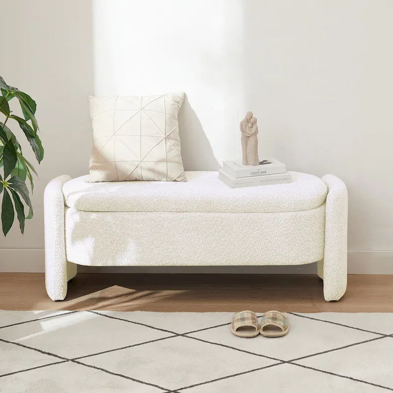 Lamb Fleece Storage Ottoman Bench with Arc Sides & Hidden Storage — 5 Colors