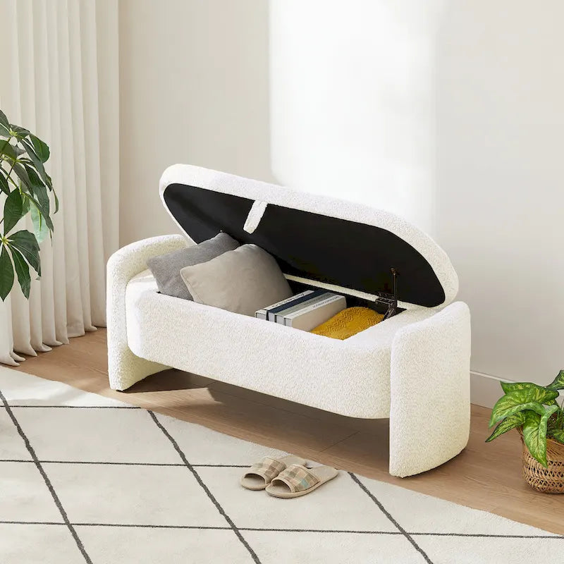 Lamb Fleece Storage Ottoman Bench with Arc Sides & Hidden Storage — 5 Colors