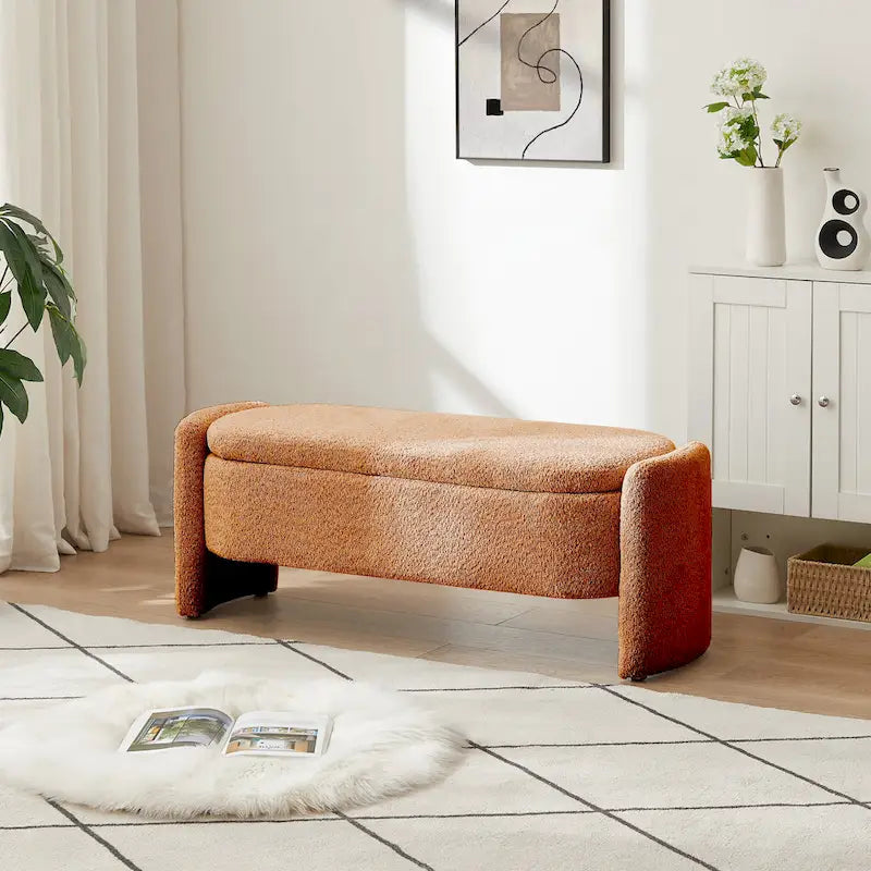Lamb Fleece Storage Ottoman Bench with Arc Sides & Hidden Storage — 5 Colors