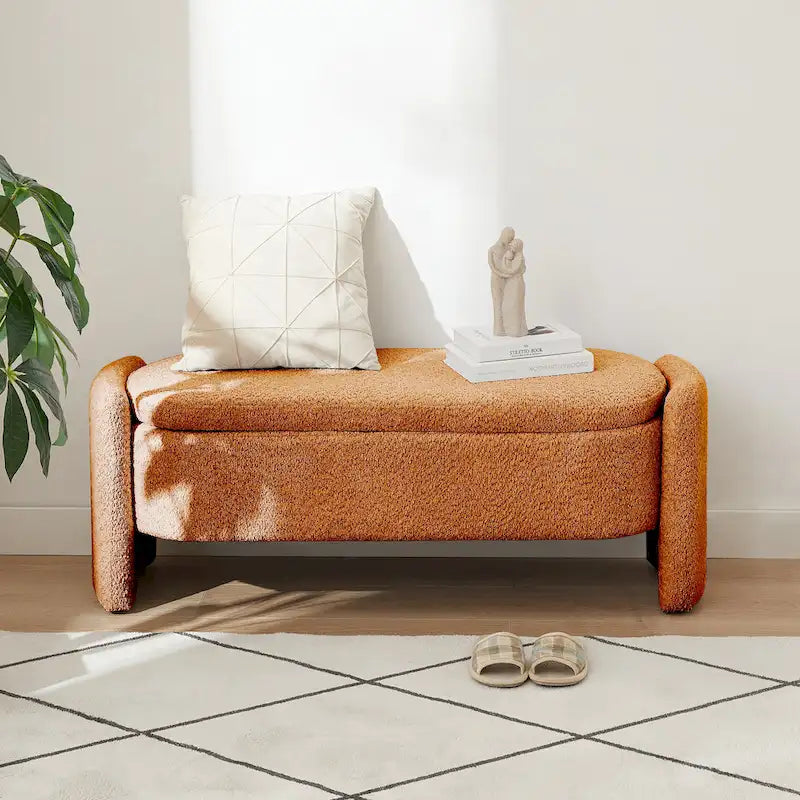 Lamb Fleece Storage Ottoman Bench with Arc Sides & Hidden Storage — 5 Colors