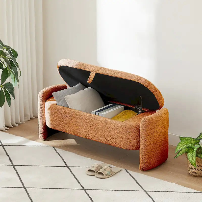 Lamb Fleece Storage Ottoman Bench with Arc Sides & Hidden Storage — 5 Colors