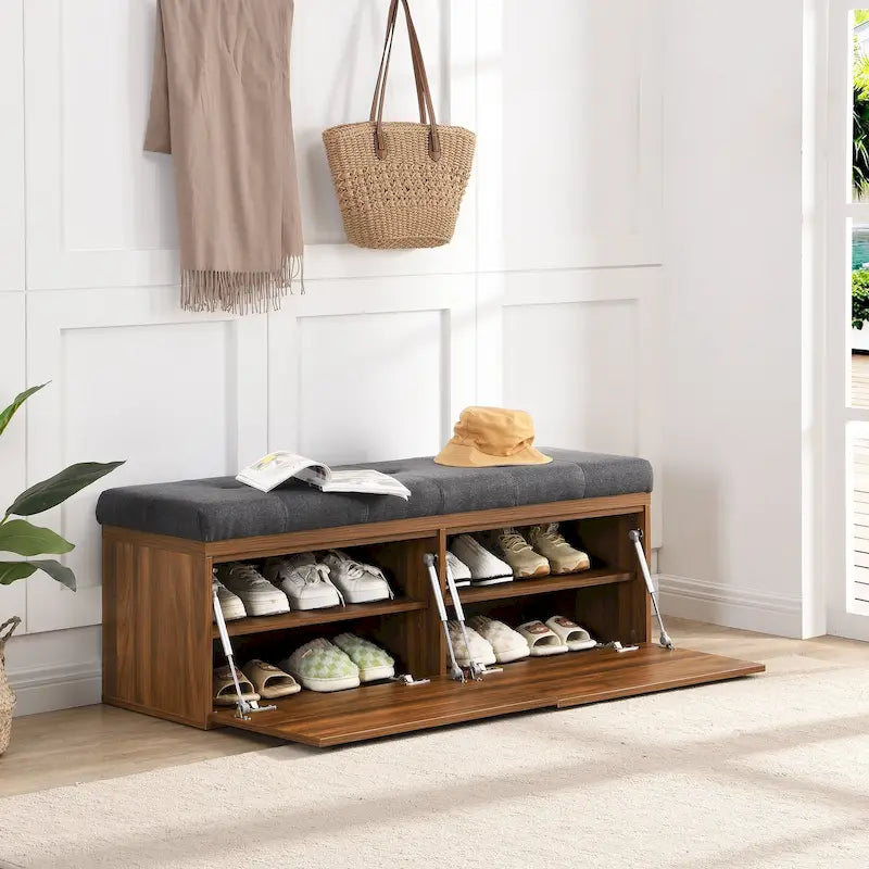 Upholstered Shoe Storage Bench with Drop-Down Doors & Tufted Cushion