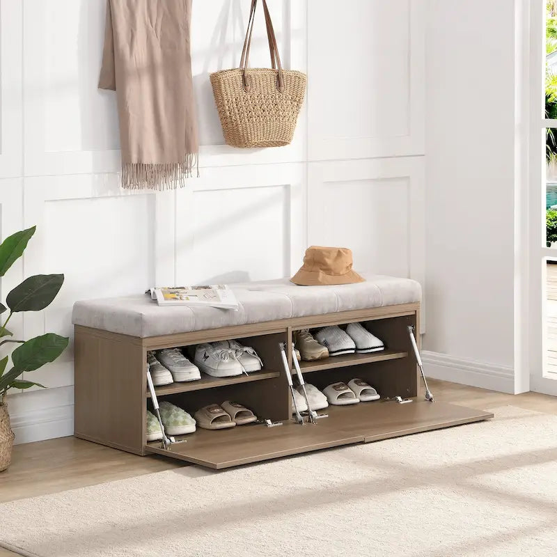 Upholstered Shoe Storage Bench with Drop-Down Doors & Tufted Cushion