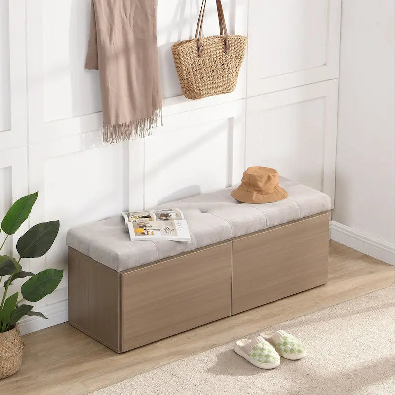 Upholstered Shoe Storage Bench with Drop-Down Doors & Tufted Cushion