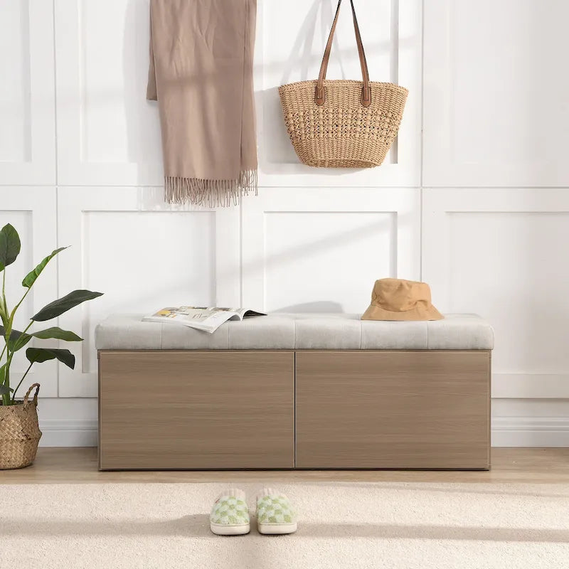 Upholstered Shoe Storage Bench with Drop-Down Doors & Tufted Cushion