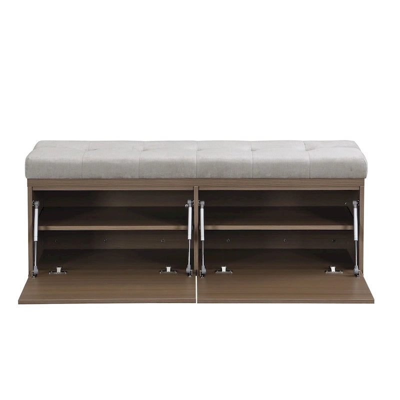 Upholstered Shoe Storage Bench with Drop-Down Doors & Tufted Cushion