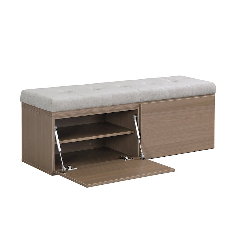 Upholstered Shoe Storage Bench with Drop-Down Doors & Tufted Cushion