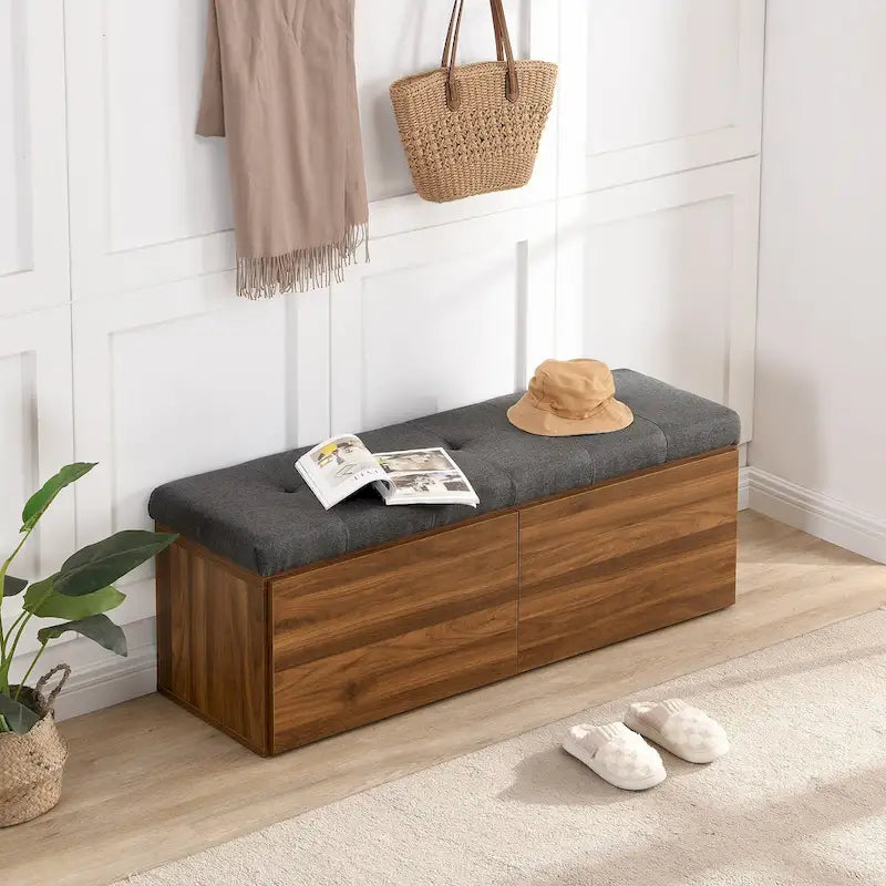 Upholstered Shoe Storage Bench with Drop-Down Doors & Tufted Cushion