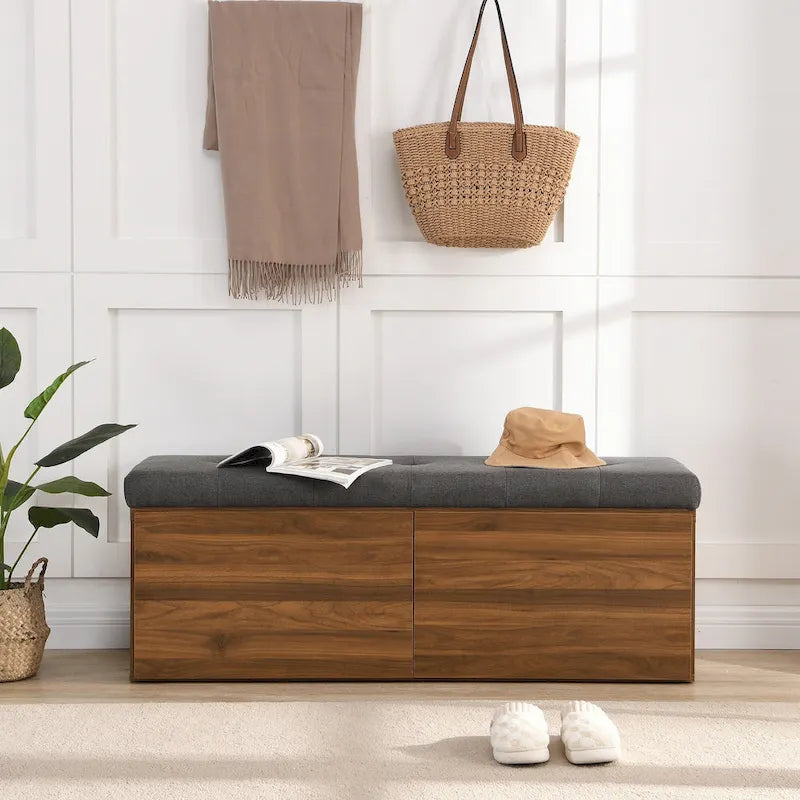 Upholstered Shoe Storage Bench with Drop-Down Doors & Tufted Cushion