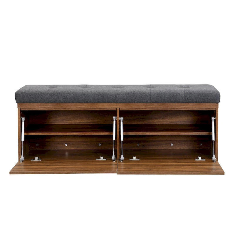 Upholstered Shoe Storage Bench with Drop-Down Doors & Tufted Cushion