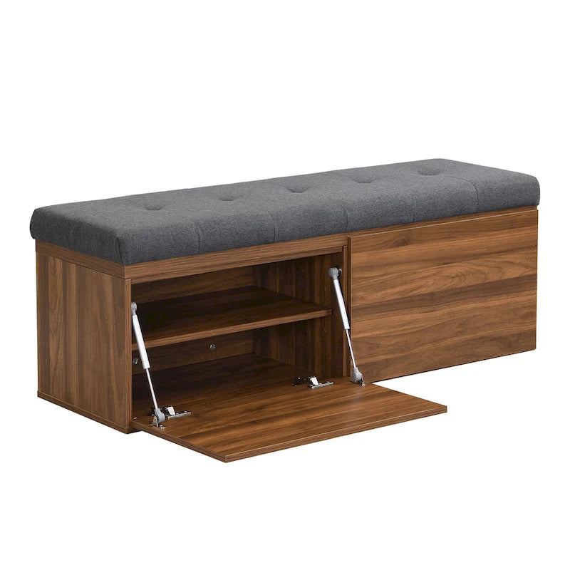 Upholstered Shoe Storage Bench with Drop-Down Doors & Tufted Cushion