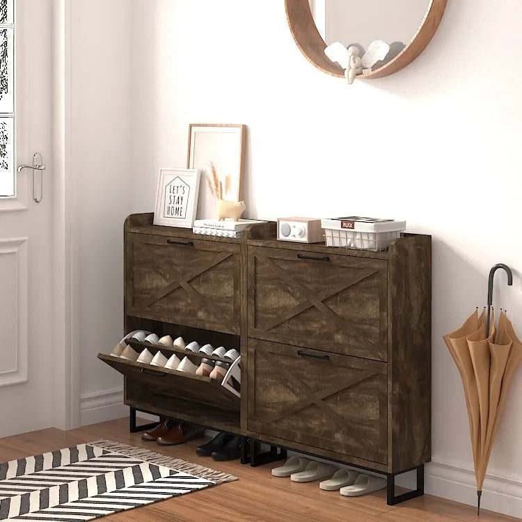 Tall Entryway Shoe Cabinet with Flip Drawers & Open Cubby