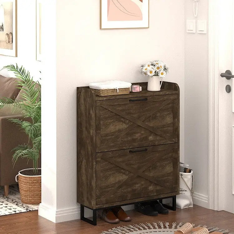 Tall Entryway Shoe Cabinet with Flip Drawers & Open Cubby