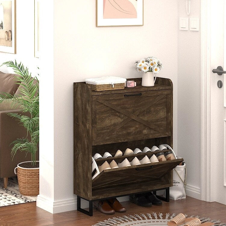 Tall Entryway Shoe Cabinet with Flip Drawers & Open Cubby