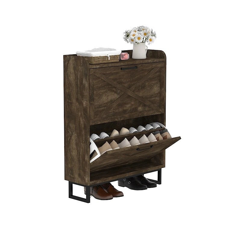Tall Entryway Shoe Cabinet with Flip Drawers & Open Cubby