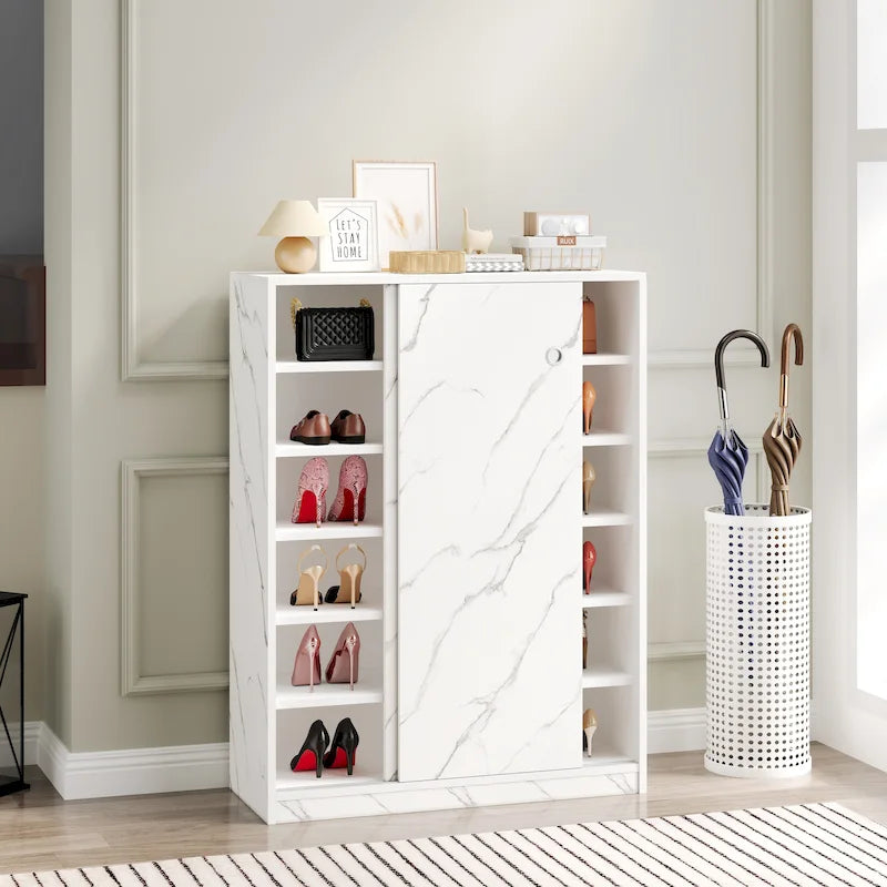 Sliding Door Shoe Cabinet with 6 Tiers — Holds 30+ Pairs, Marble Finish
