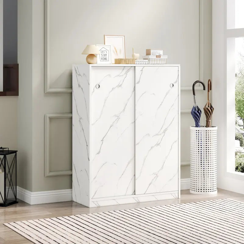 Sliding Door Shoe Cabinet with 6 Tiers — Holds 30+ Pairs, Marble Finish