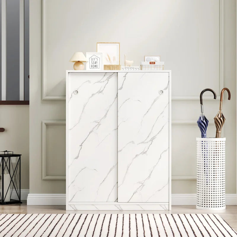 Sliding Door Shoe Cabinet with 6 Tiers — Holds 30+ Pairs, Marble Finish