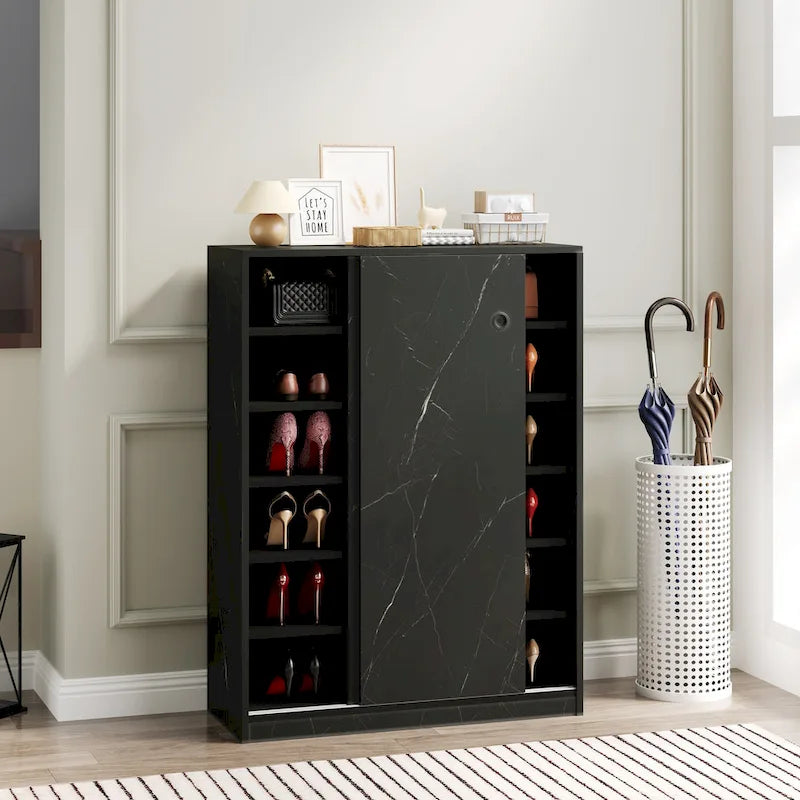Sliding Door Shoe Cabinet with 6 Tiers — Holds 30+ Pairs, Marble Finish