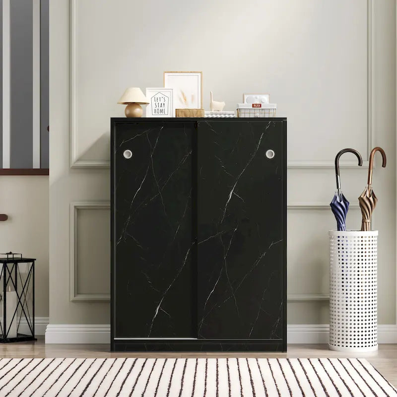 Sliding Door Shoe Cabinet with 6 Tiers — Holds 30+ Pairs, Marble Finish