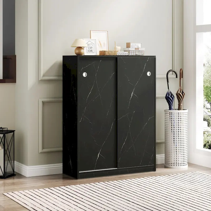 Sliding Door Shoe Cabinet with 6 Tiers — Holds 30+ Pairs, Marble Finish