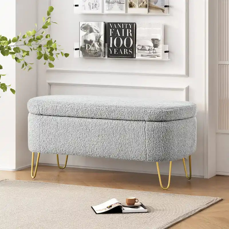 Oval Upholstered Storage Ottoman Bench with Gold Metal Legs — 2 Colors