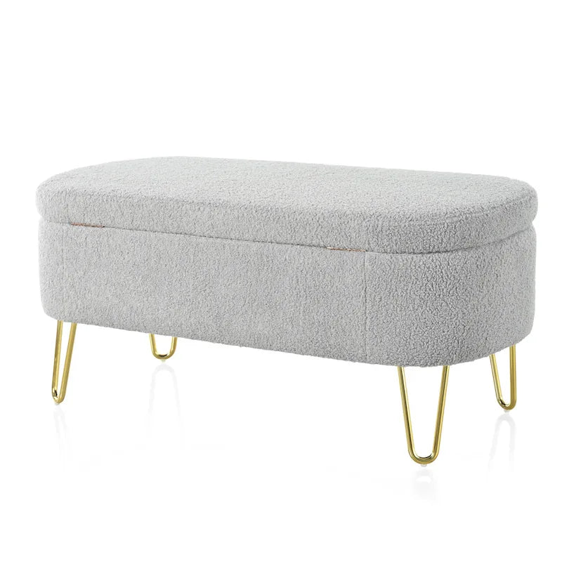 Oval Upholstered Storage Ottoman Bench with Gold Metal Legs — 2 Colors