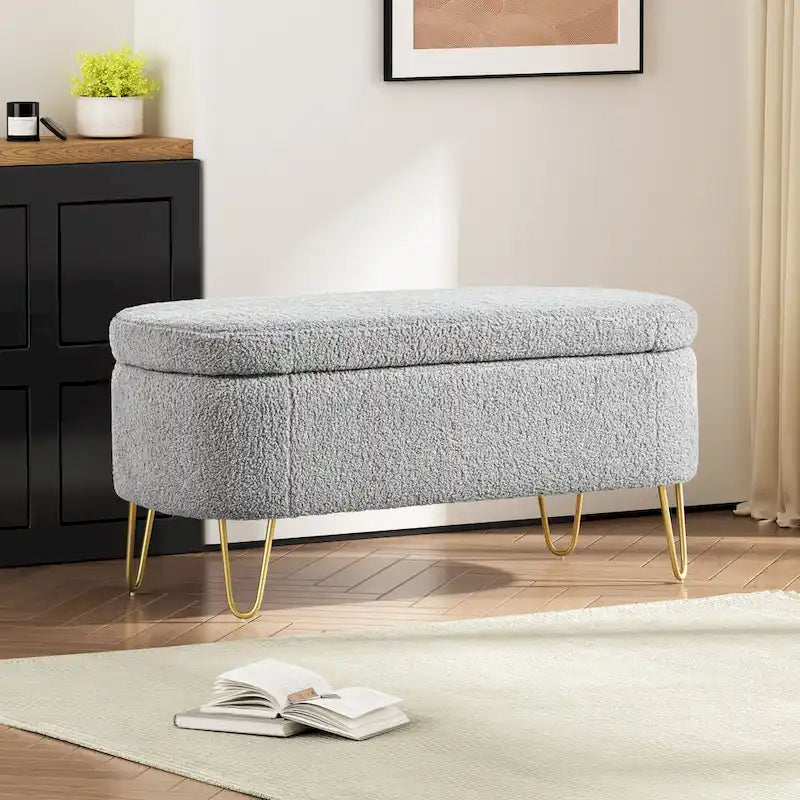 Oval Upholstered Storage Ottoman Bench with Gold Metal Legs — 2 Colors