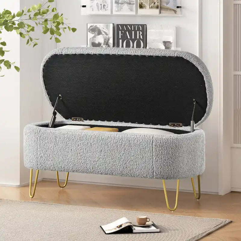 Oval Upholstered Storage Ottoman Bench with Gold Metal Legs — 2 Colors