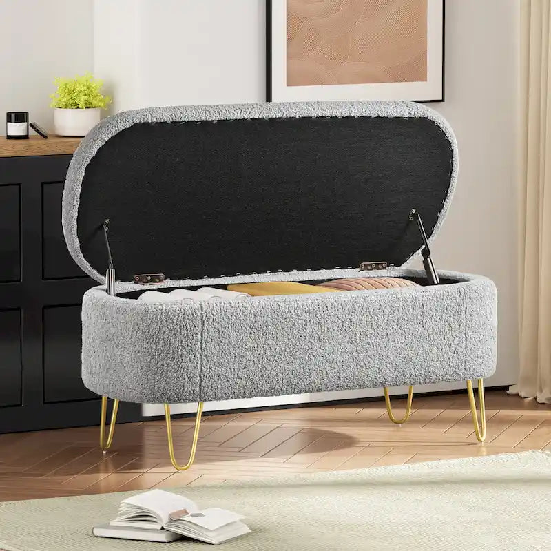 Oval Upholstered Storage Ottoman Bench with Gold Metal Legs — 2 Colors