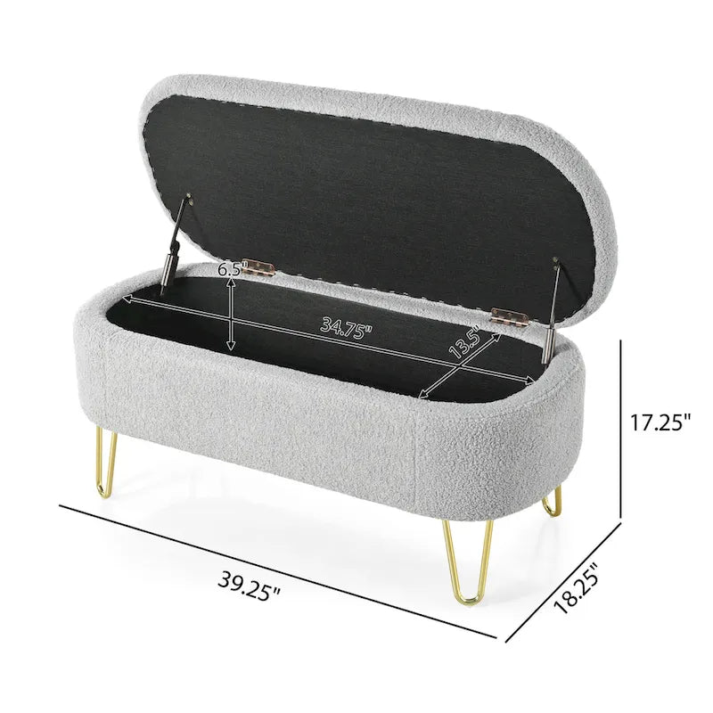 Oval Upholstered Storage Ottoman Bench with Gold Metal Legs — 2 Colors