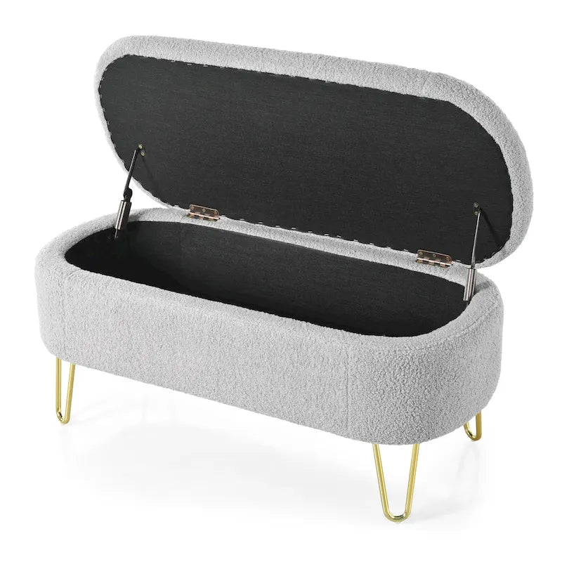 Oval Upholstered Storage Ottoman Bench with Gold Metal Legs — 2 Colors