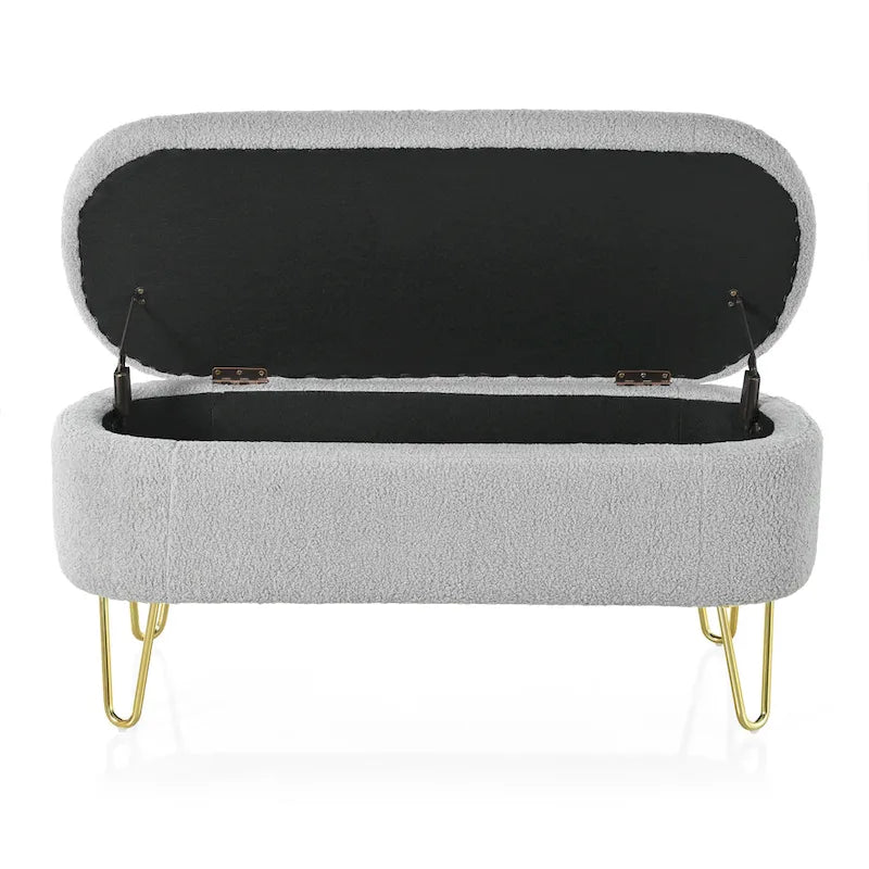 Oval Upholstered Storage Ottoman Bench with Gold Metal Legs — 2 Colors