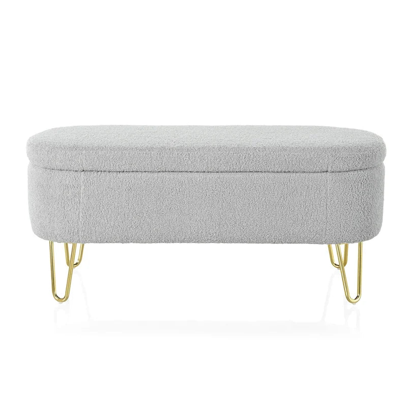 Oval Upholstered Storage Ottoman Bench with Gold Metal Legs — 2 Colors