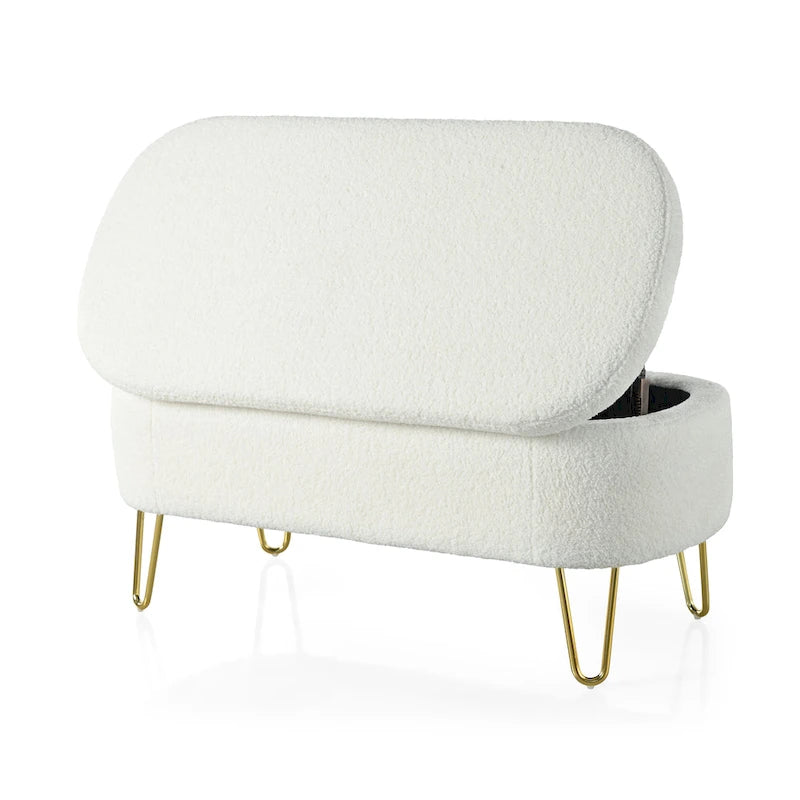Oval Upholstered Storage Ottoman Bench with Gold Metal Legs — 2 Colors