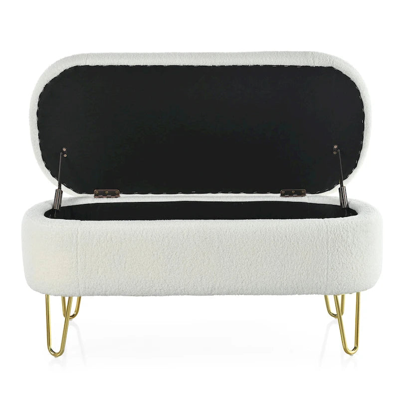 Oval Upholstered Storage Ottoman Bench with Gold Metal Legs — 2 Colors