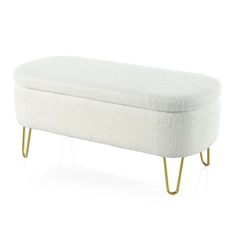 Oval Upholstered Storage Ottoman Bench with Gold Metal Legs — 2 Colors