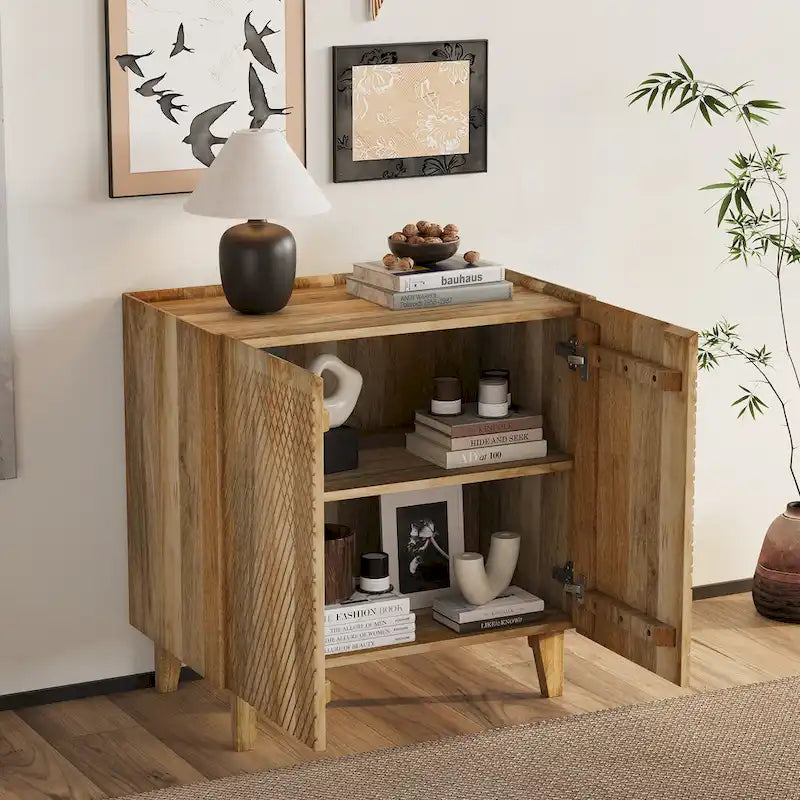Fluted Mango Wood Accent Cabinet with Adjustable Shelf