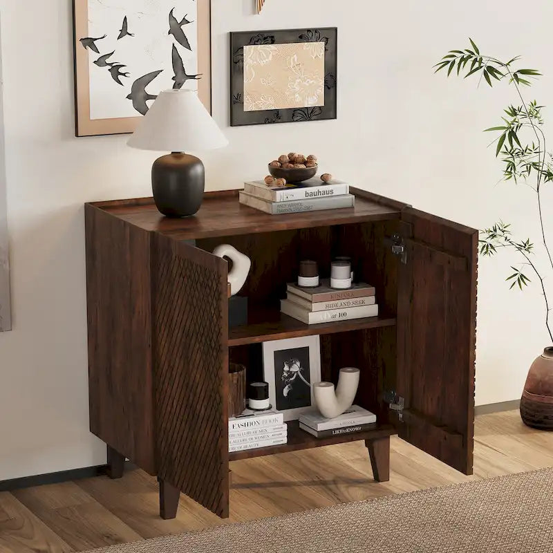 Fluted Mango Wood Accent Cabinet with Adjustable Shelf