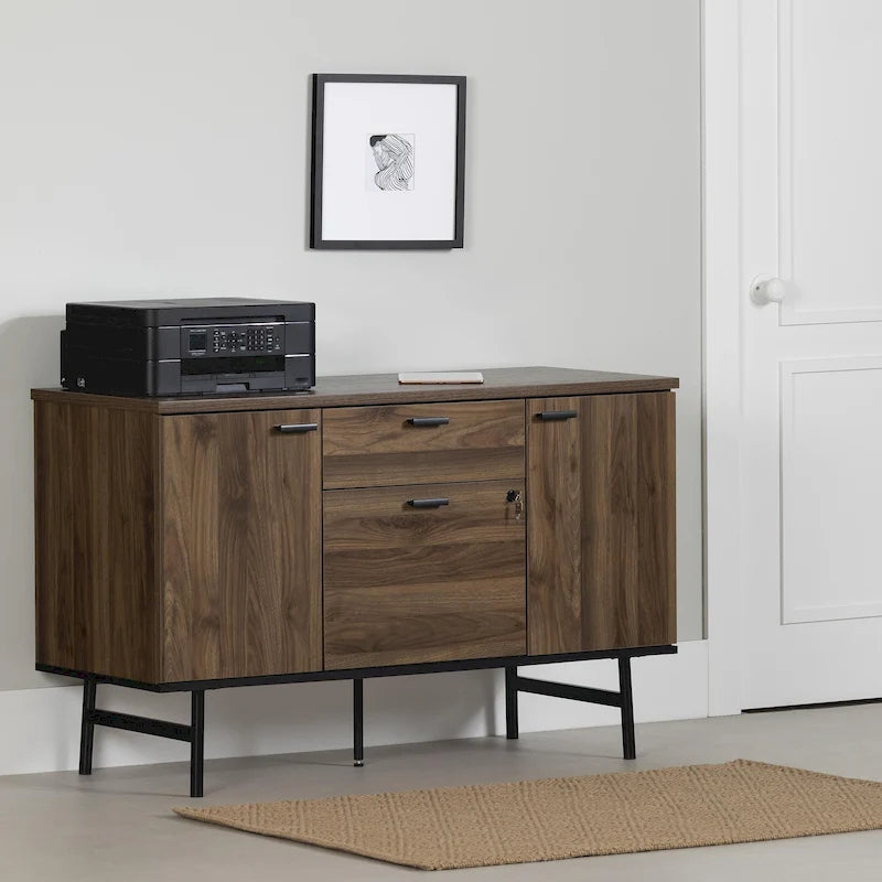 Modern Office Credenza with Locking File Drawer, Cabinets & Cable Holes