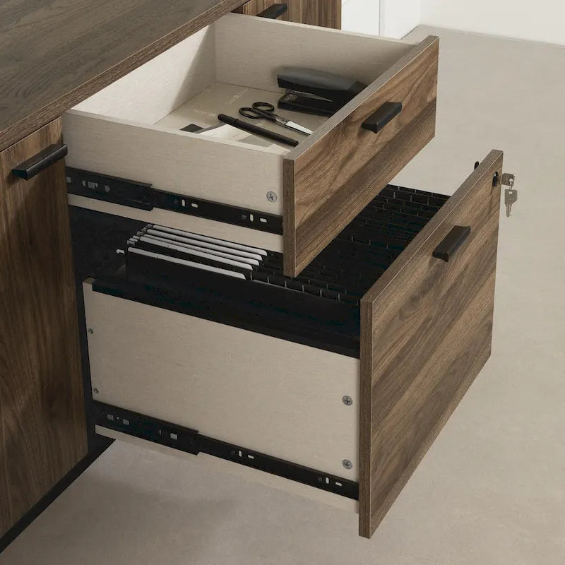 Modern Office Credenza with Locking File Drawer, Cabinets & Cable Holes