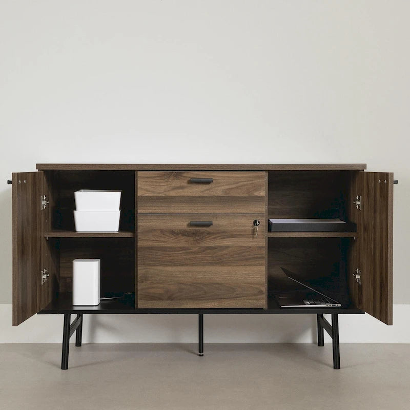 Modern Office Credenza with Locking File Drawer, Cabinets & Cable Holes