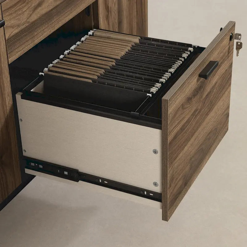 Modern Office Credenza with Locking File Drawer, Cabinets & Cable Holes