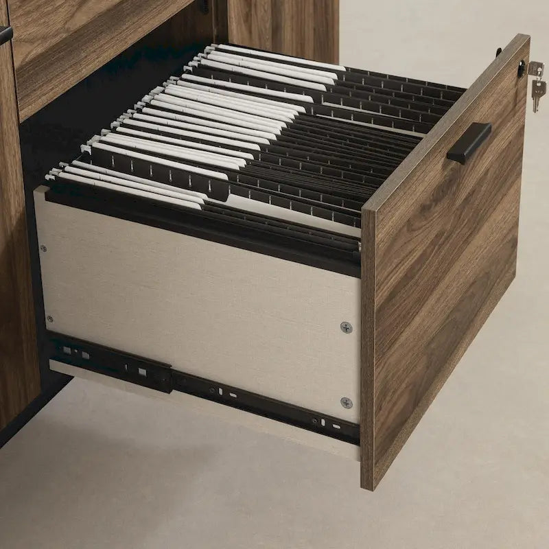 Modern Office Credenza with Locking File Drawer, Cabinets & Cable Holes