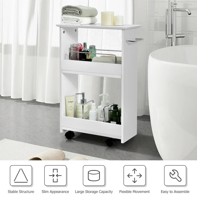 Slim Rolling Bathroom Storage Cart with 3-Tier Shelves & Locking Wheels