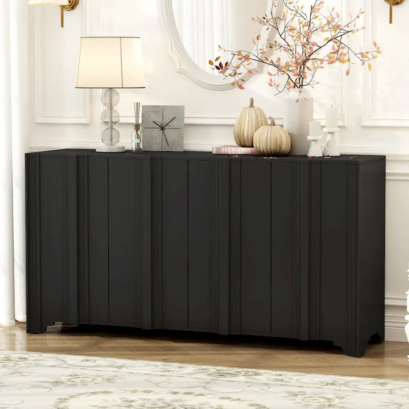 4-Door Sideboard with Linear Accents & Pine Veneer Doors — Black